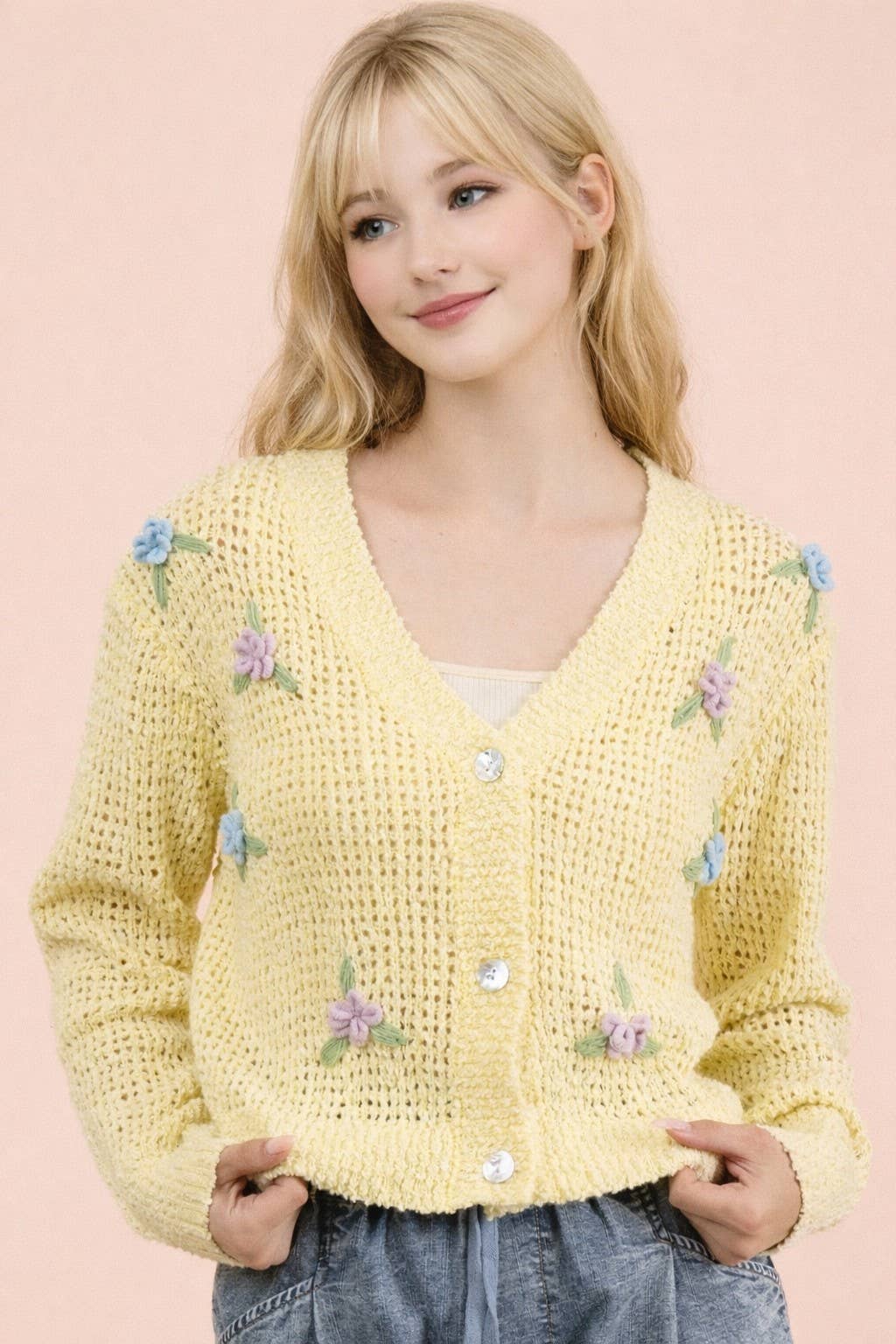 Flower Detail Button Down Knit Sweater Cardigan