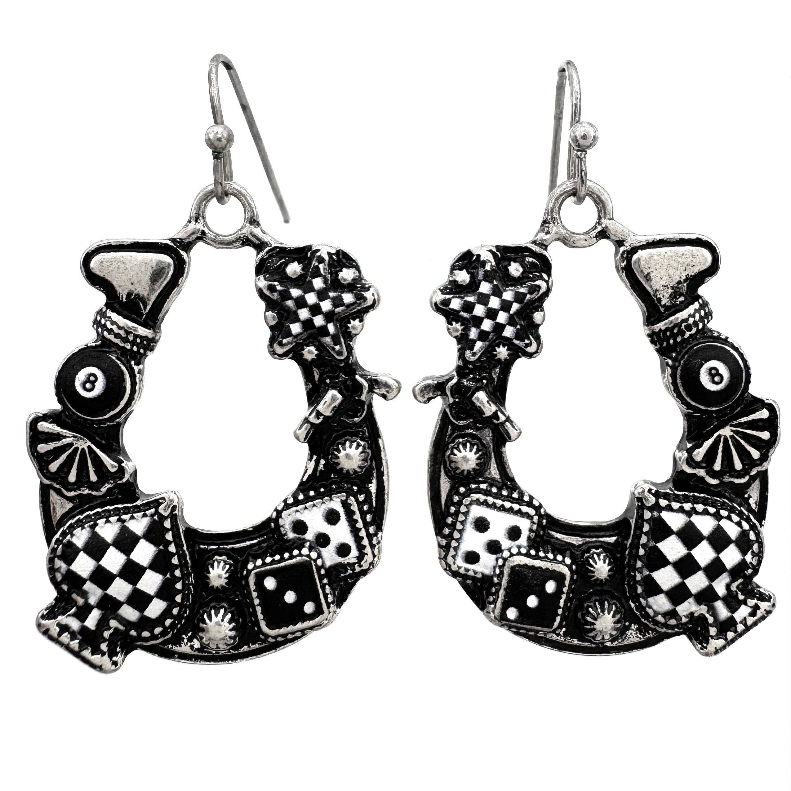 Horseshoe Checkered Print Poker Billiards Western Earrings
