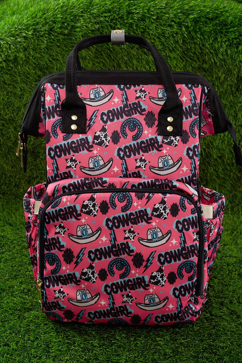 Cowgirls printed pink diaper bag.