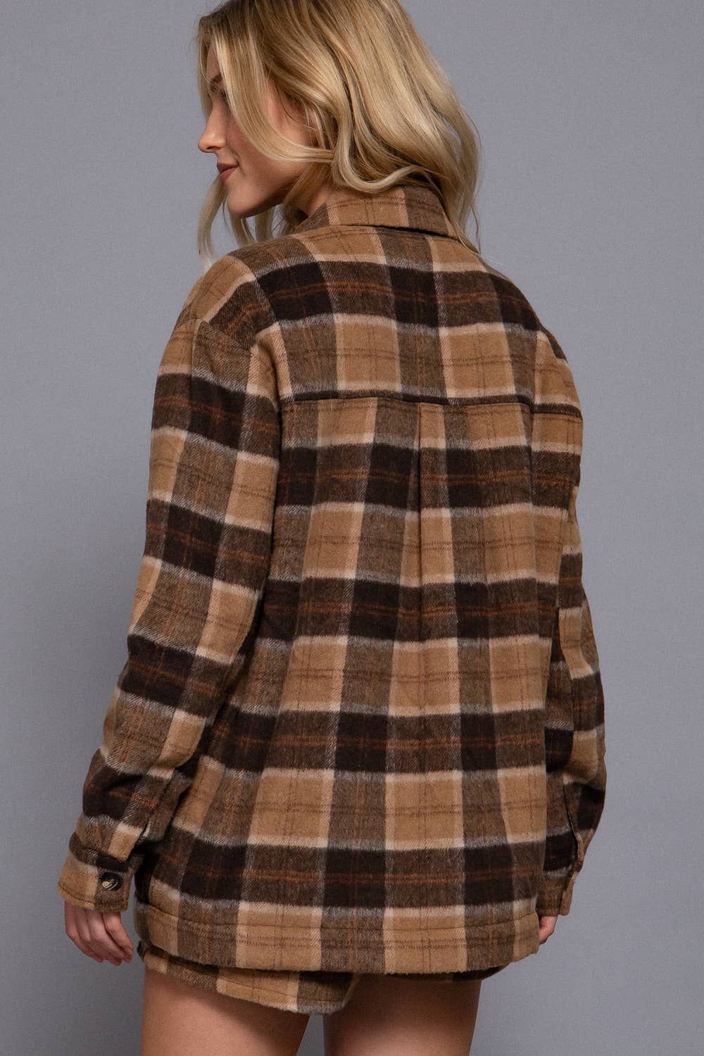 Long Sleeve Inside Faux Fur Brushed Plaid Jacket
