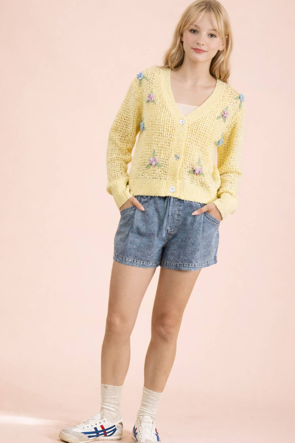 Flower Detail Button Down Knit Sweater Cardigan