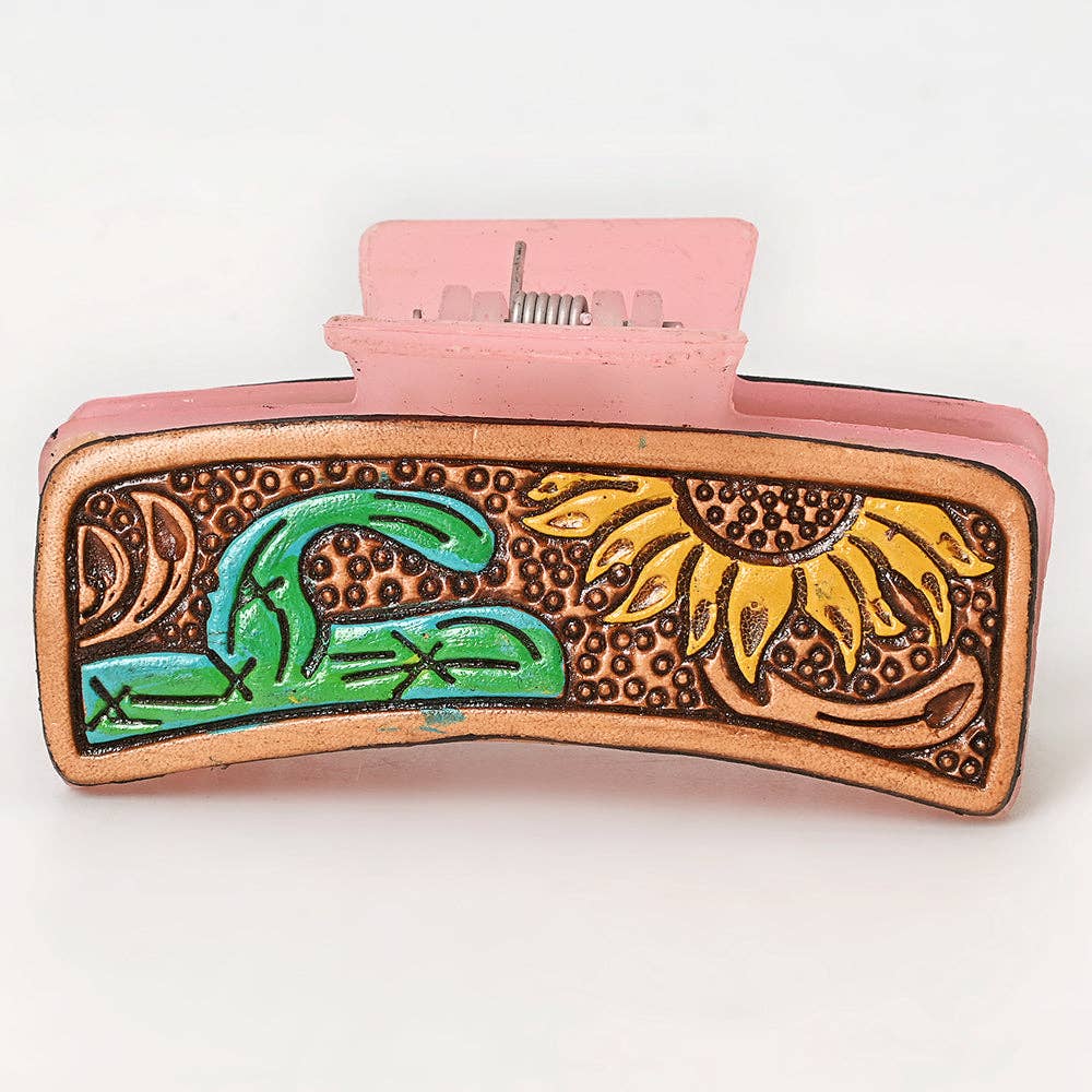 Sunflower & Cactus Tooled Leather Hair Band Pink Clip Clutcher - Western Pink Clip | American Darling