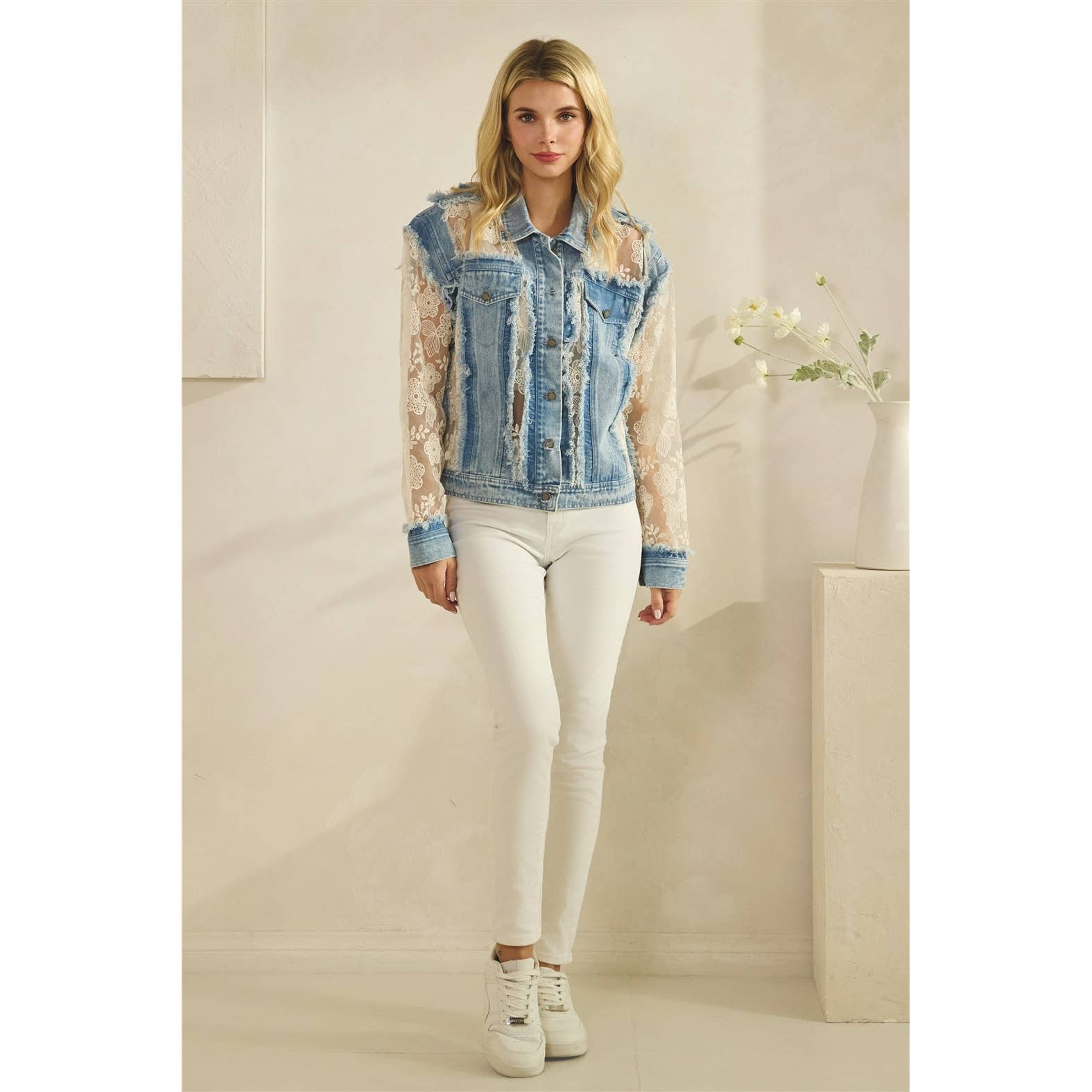 Denim Jacket with Floral Organza Inset
