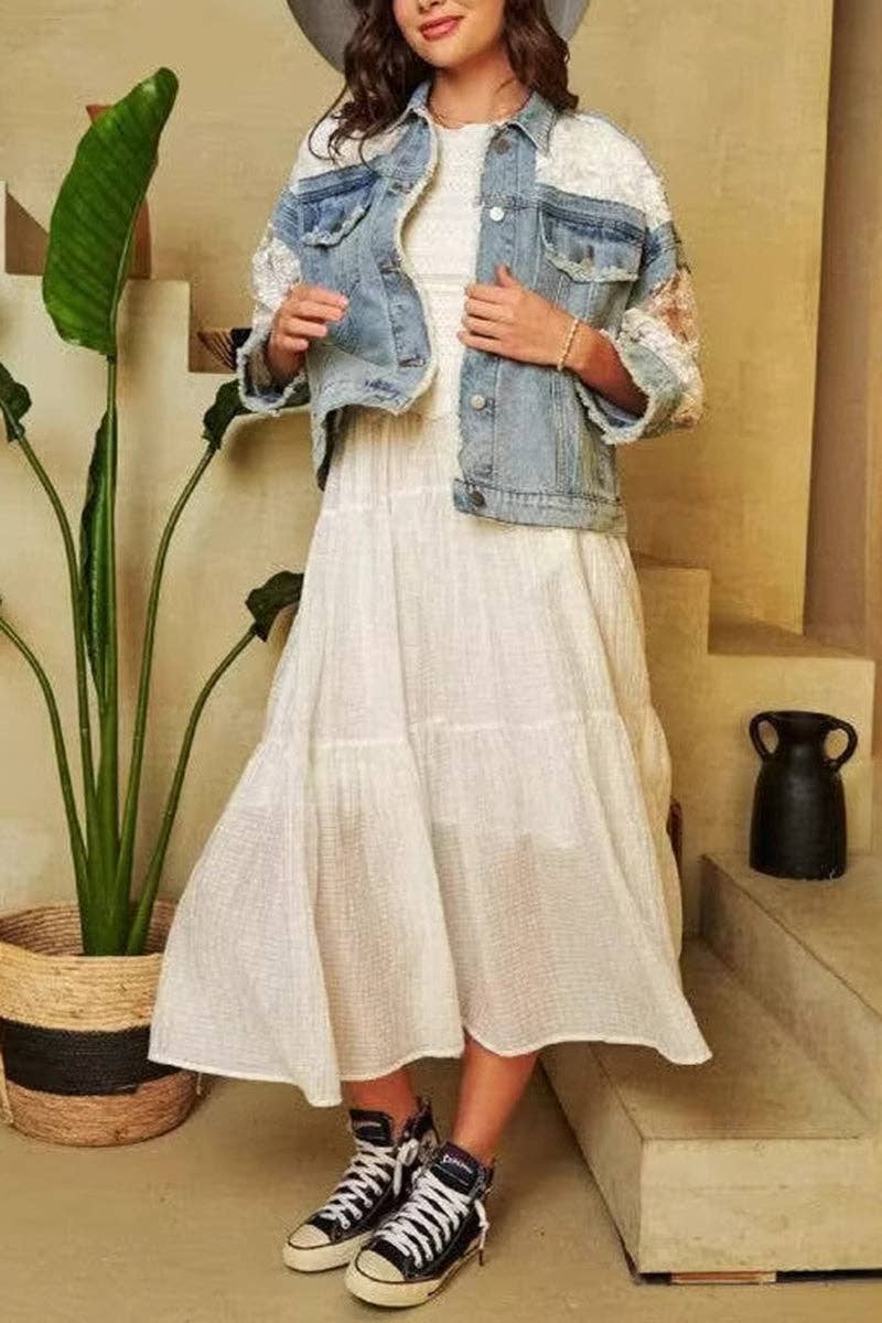Lace Sleeve Denim Jacket