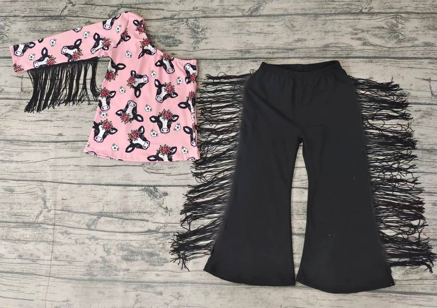Baby girls pink cow tassel western pants clothes sets