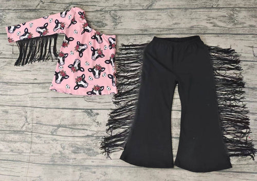 Baby girls pink cow tassel western pants clothes sets