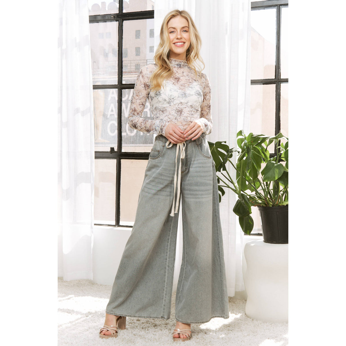 DENIM WIDE LEG OPENING PANTS WITH DRAWSTRING