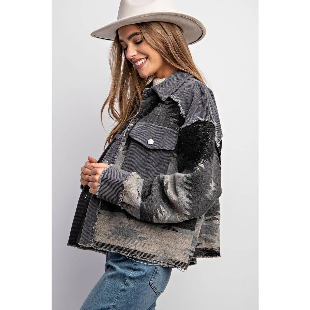 TRIBAL AZTEC PATTERN COLORBLOCK BUTTON DOWN SHIRT JACKET