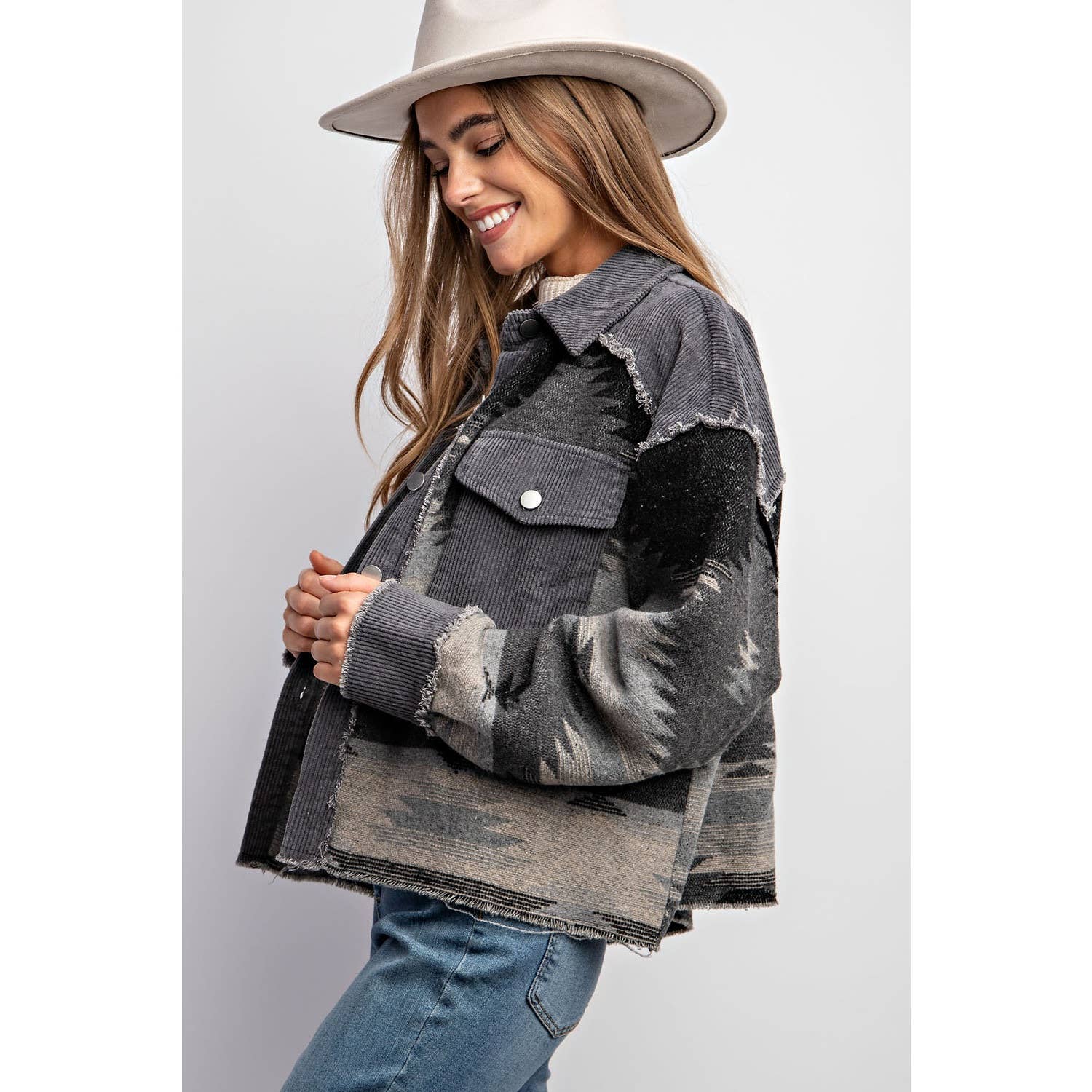 TRIBAL AZTEC PATTERN COLORBLOCK BUTTON DOWN SHIRT JACKET