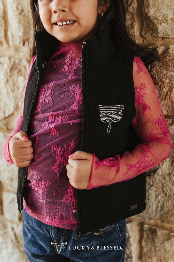 Girls Black Puffer W Boot Stitch Detail Vest