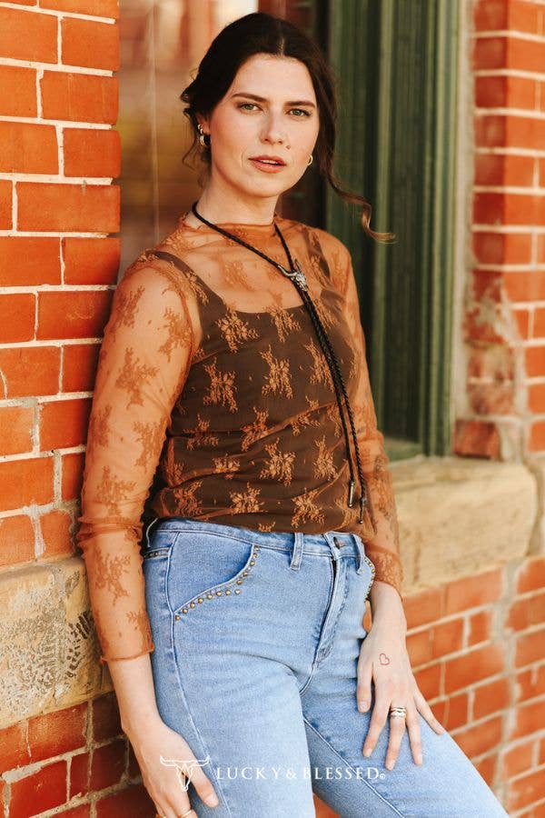 Brown Lace Mesh Long Sleeve Stretch Top