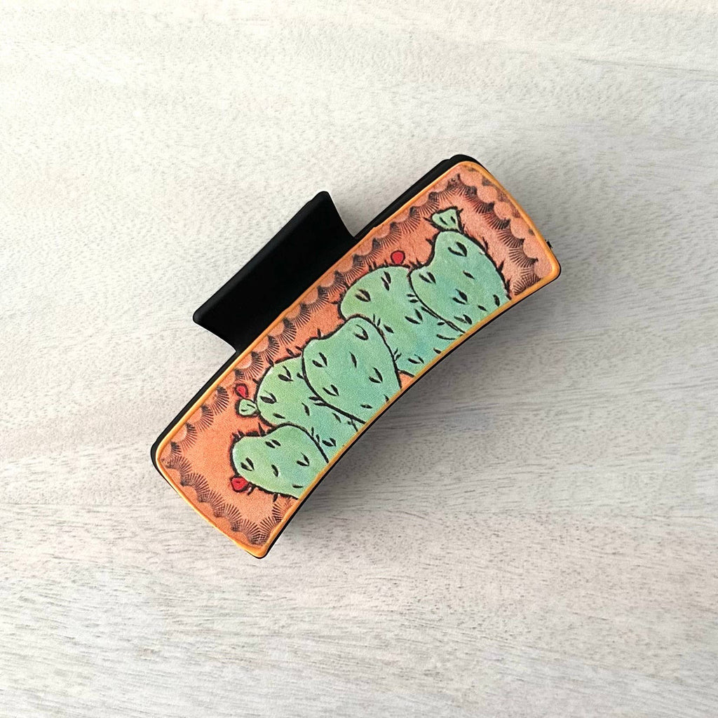 Leather Claw Western Hair Clip  "Green Cactus"