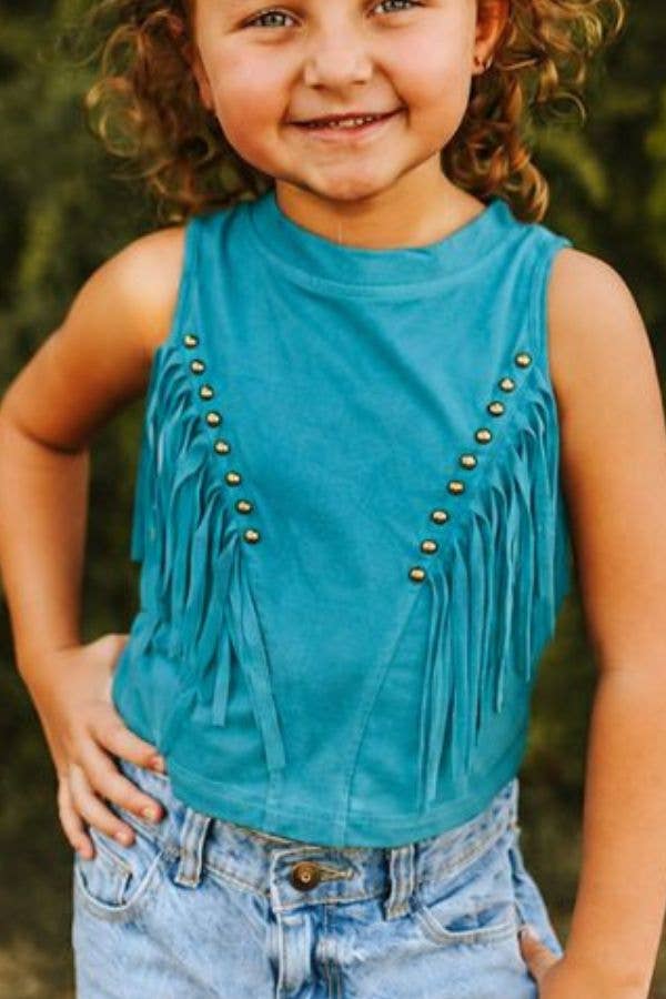 Girls Turquoise Suede Front Arch Fringe Top