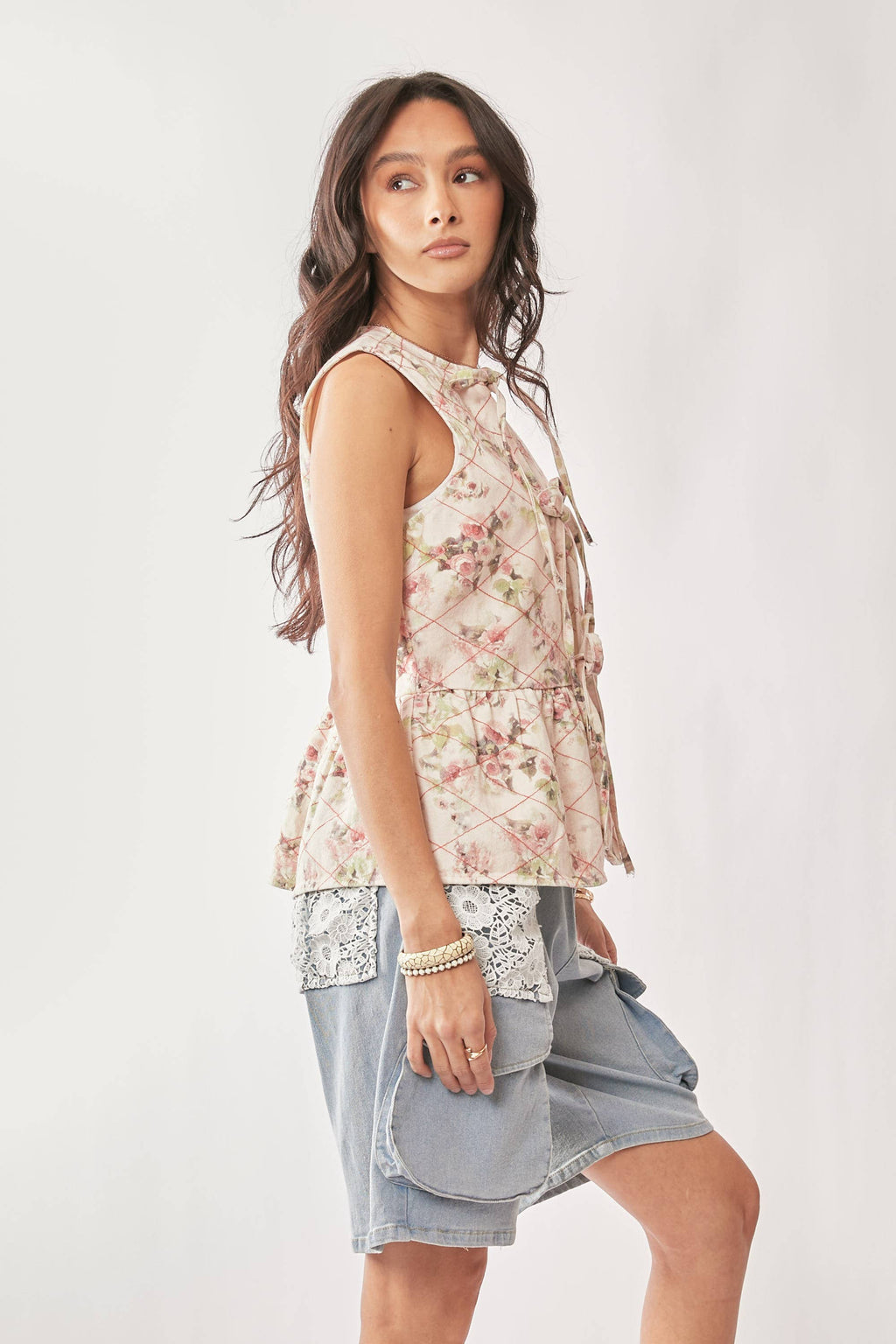 Garden Floral Print Tie Front Peplum Vest Top