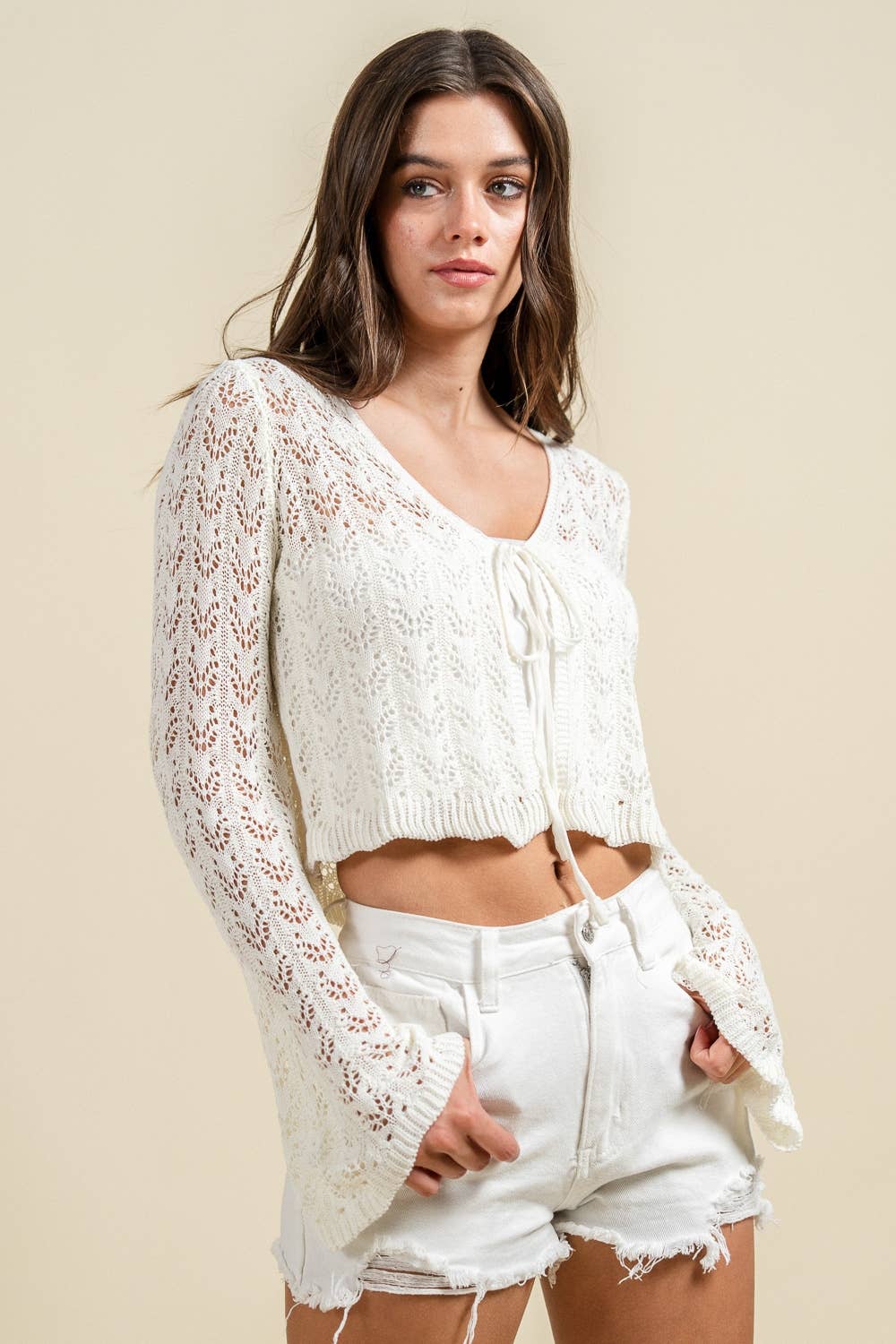 CROCHET OPEN KNIT POINTELLE CROP CARDIGAN
