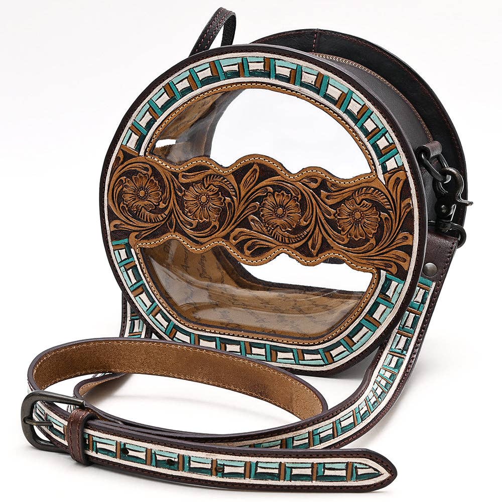 Clear Canteen Western Bag with Hand-Tooled Leather & Turquoise Inlay | American Darling
