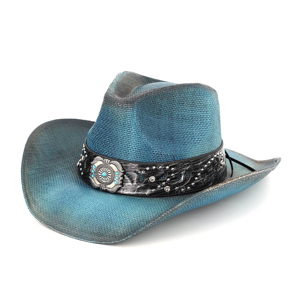 Silver Concho Turquoise Band Straw Cowboy Hat
