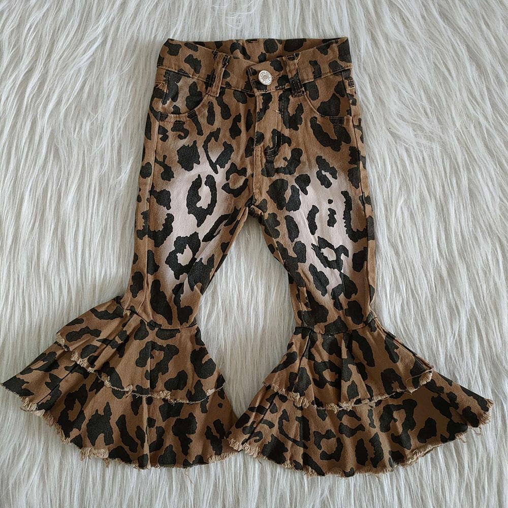 Leopard bleached double ruffle denim jeans