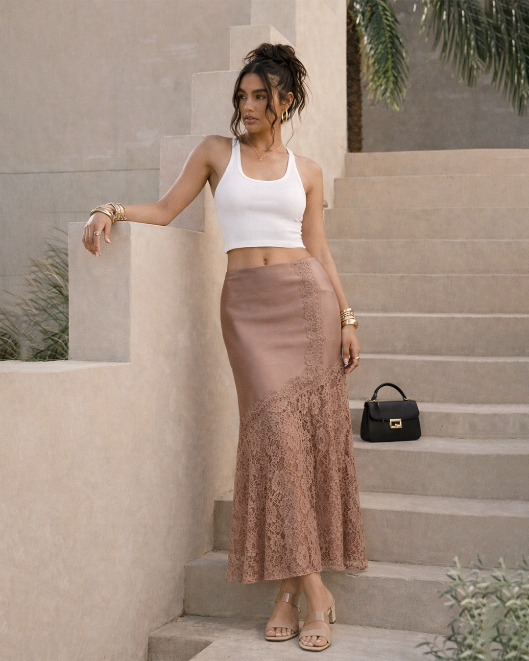 SATIN MIDI SKIRT W/ LACE TRIM DETAIL