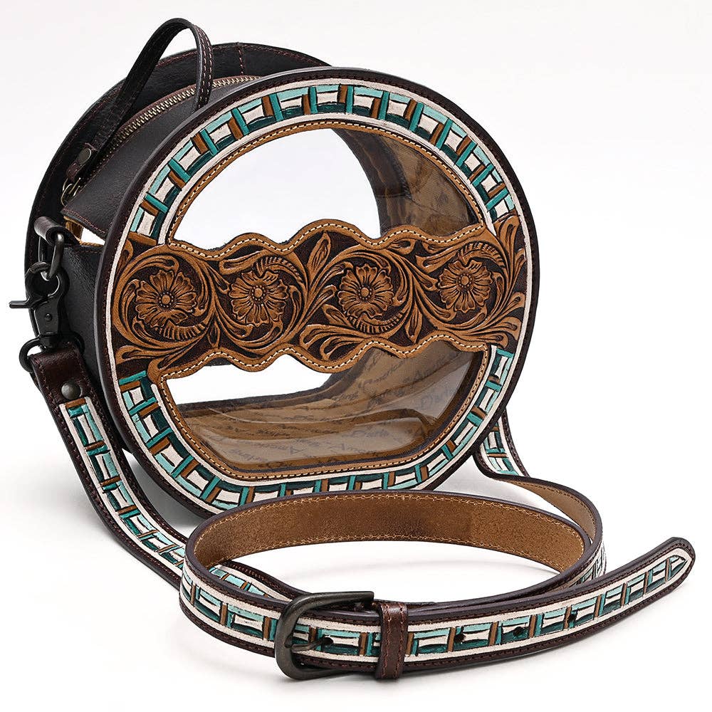 Clear Canteen Western Bag with Hand-Tooled Leather & Turquoise Inlay | American Darling
