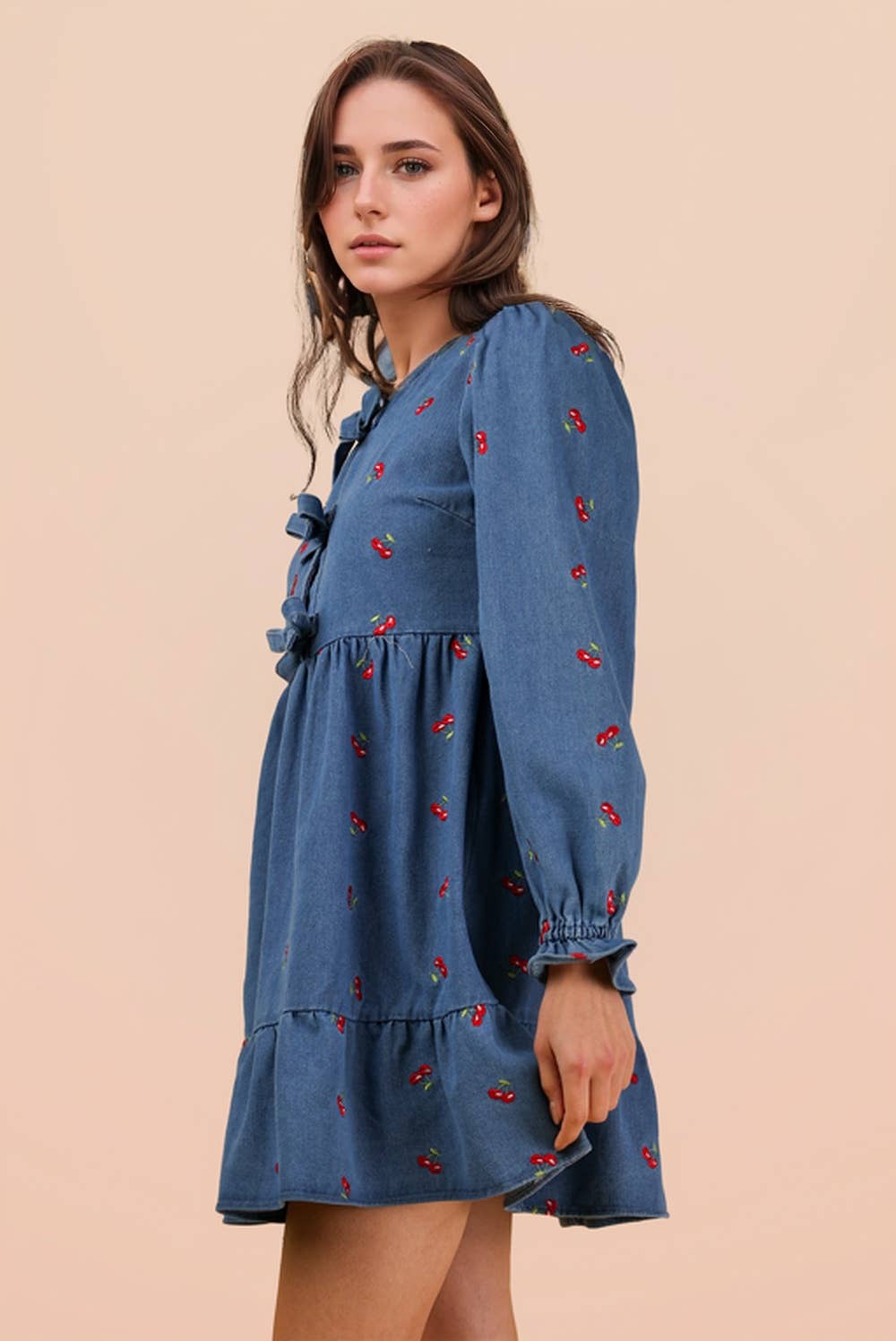Soft Washed Denim Cherry Casual Mini Dress