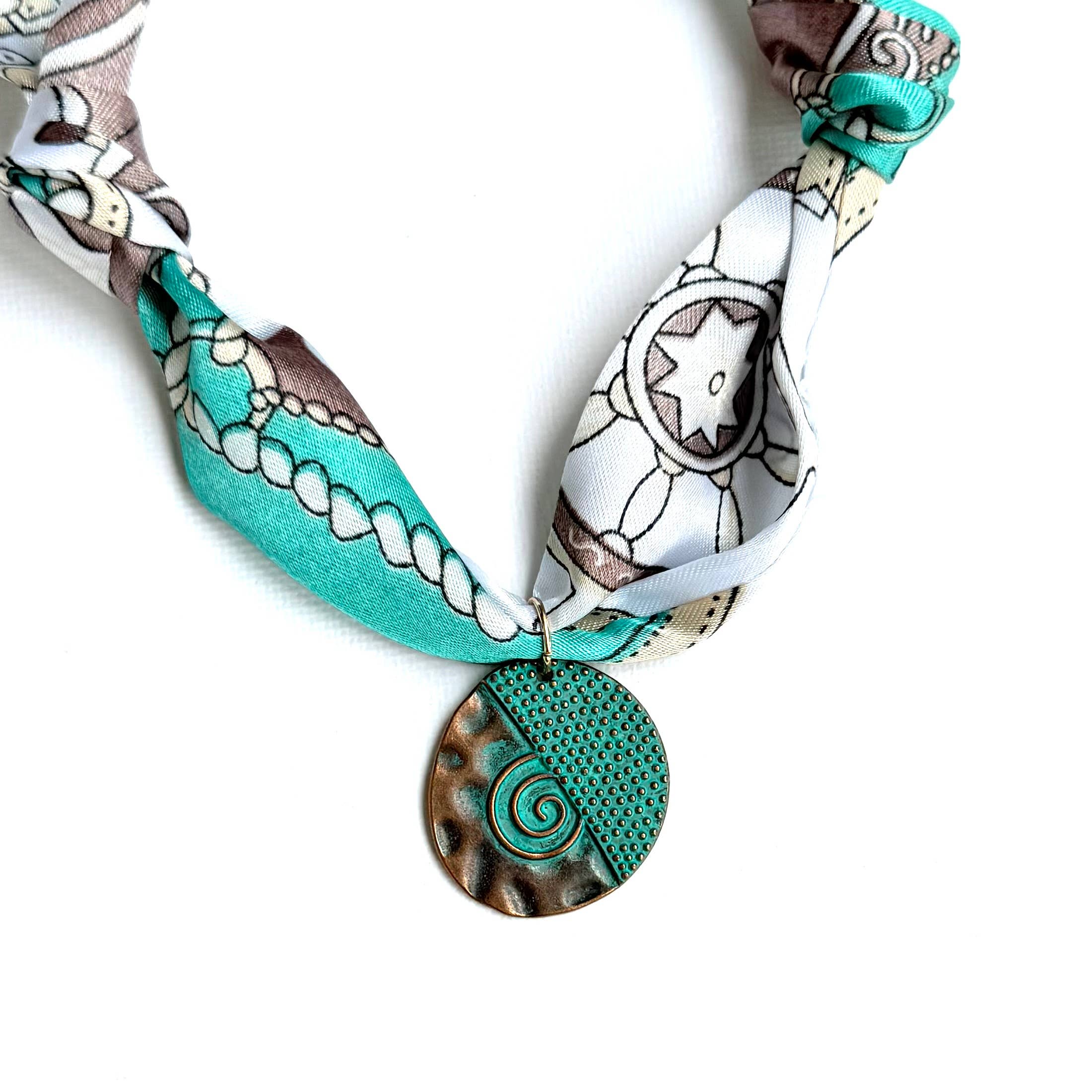 Scarf Necklace Double Sided "Rustic Aqua Pendant"