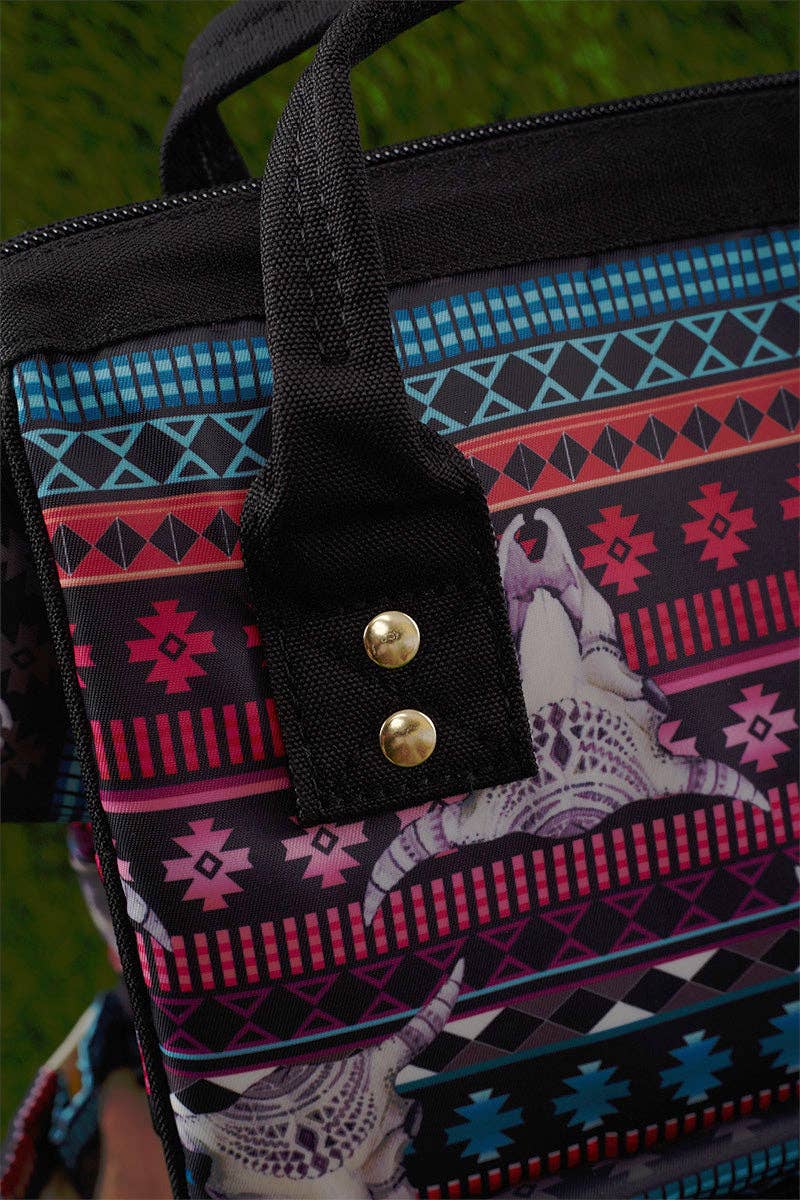 Bull skull with geometric print diaper bag.