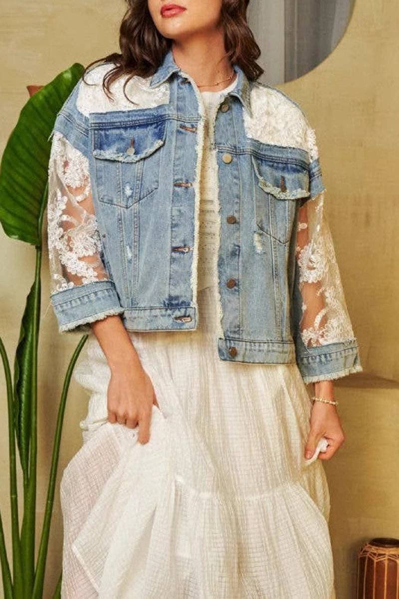 Lace Sleeve Denim Jacket