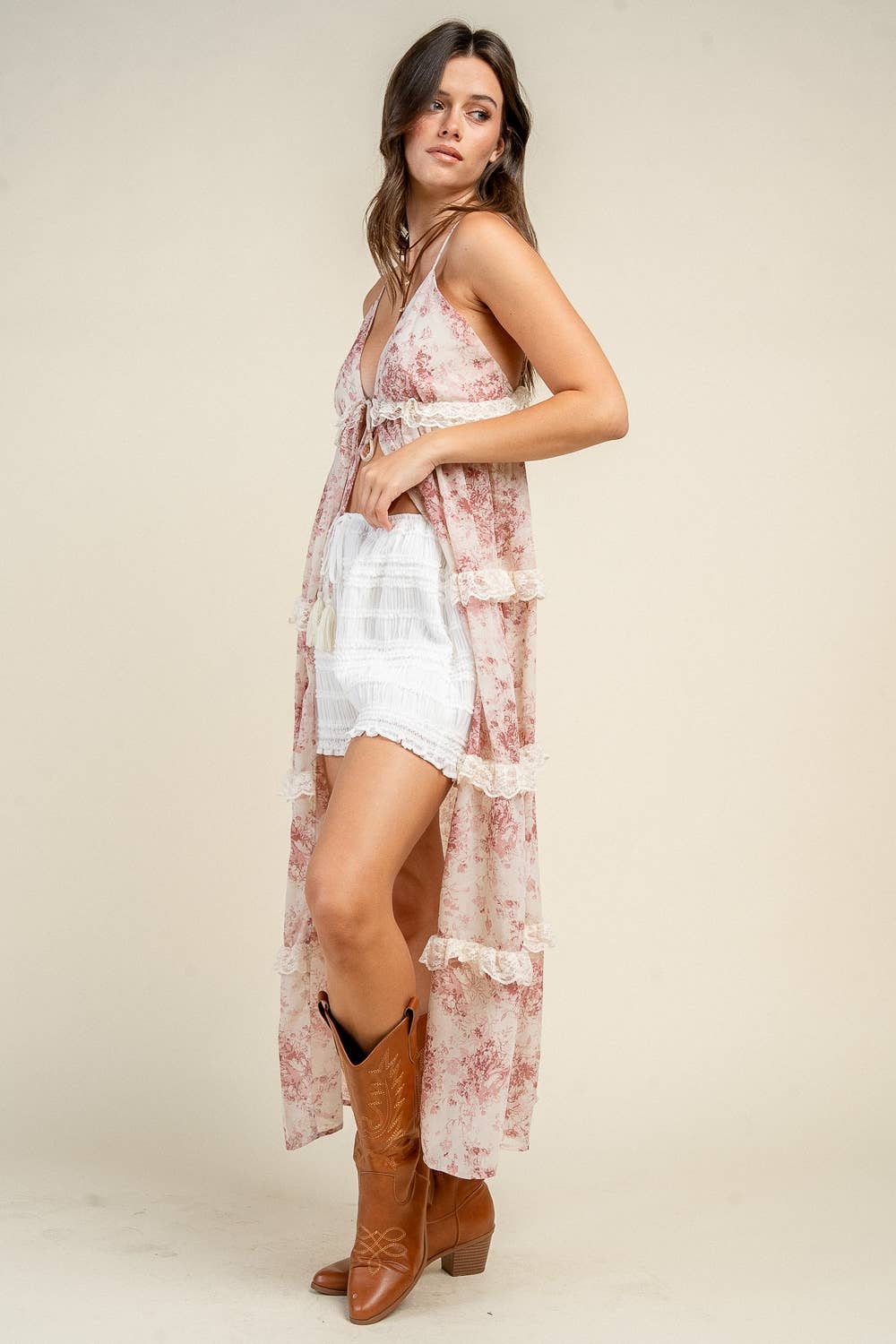 CAMI MIDI TIE FRONT TOP W/ LACE TIERED DETAIL