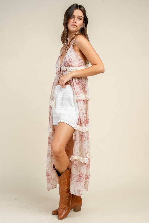 CAMI MIDI TIE FRONT TOP W/ LACE TIERED DETAIL