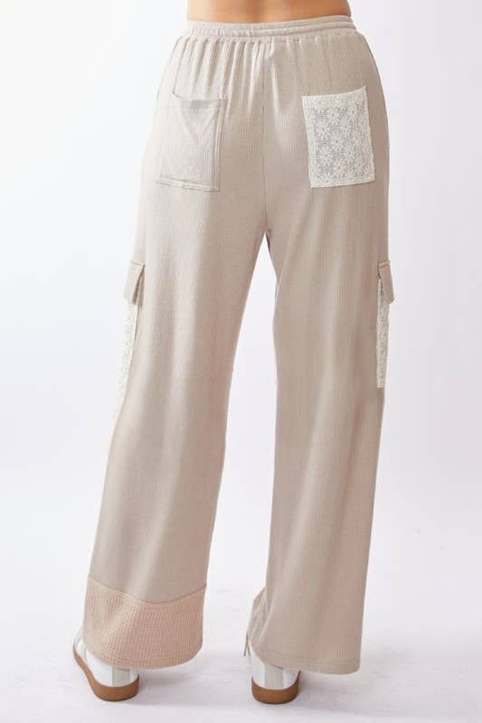Lace Patchwork Knit Wide-Leg Cargo Pants