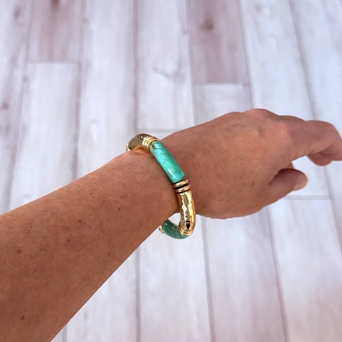 .Acrylic Tube Bamboo Stretch Bracelet Turquoise & Gold