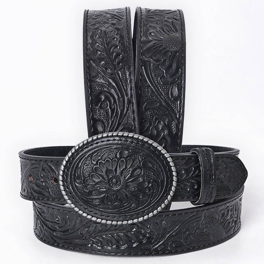 Hand-Tooled Black Floral Western Leather Belt with Oval Buckle