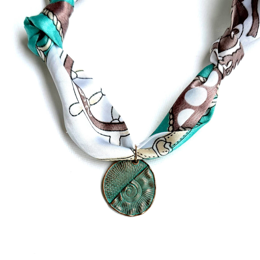 Scarf Necklace Double Sided "Rustic Aqua Pendant"