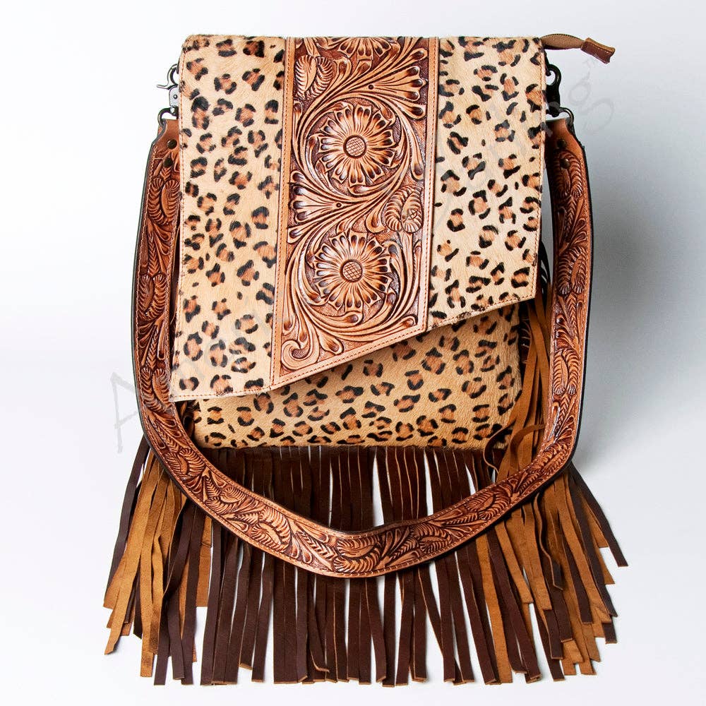 Leopard Print Messenger Bag with Fringe and Tooled Leather Flap