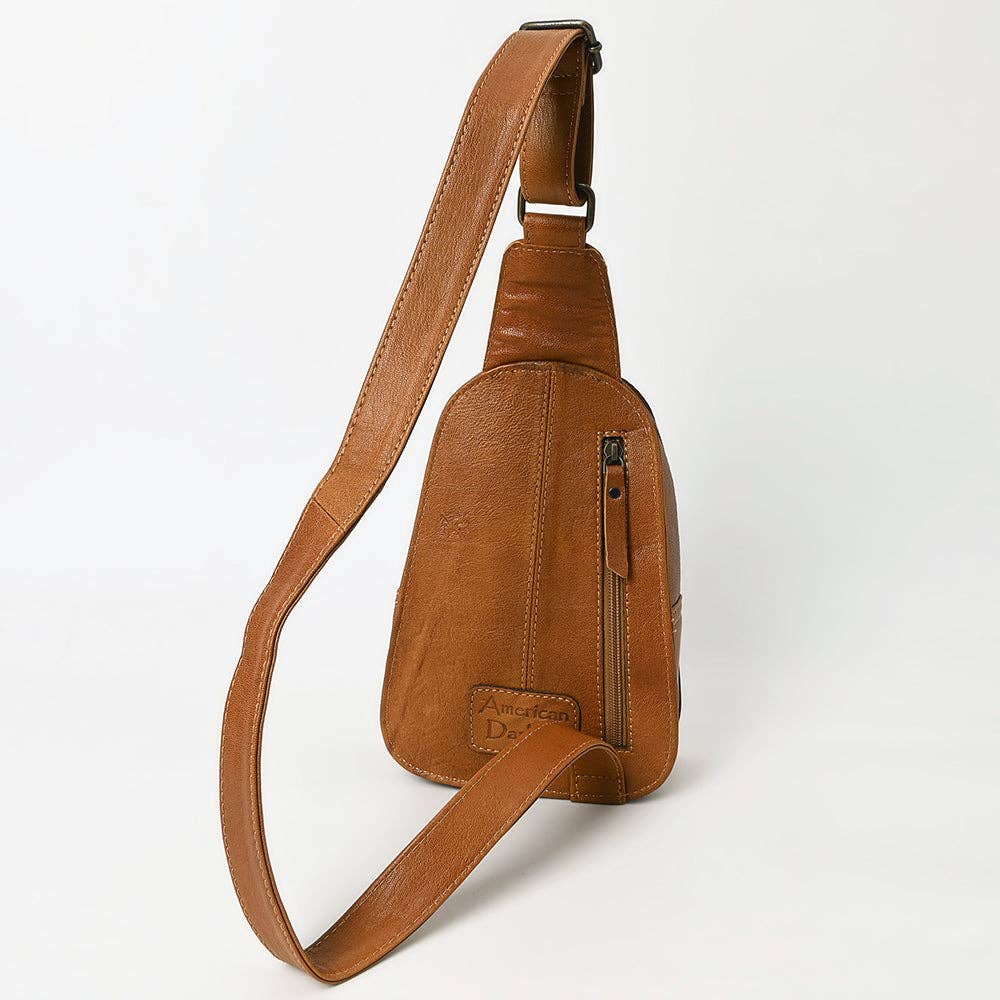 American Darling Western Leather Sling Bag with Hand-Tooled Floral Carving Genuine Leather