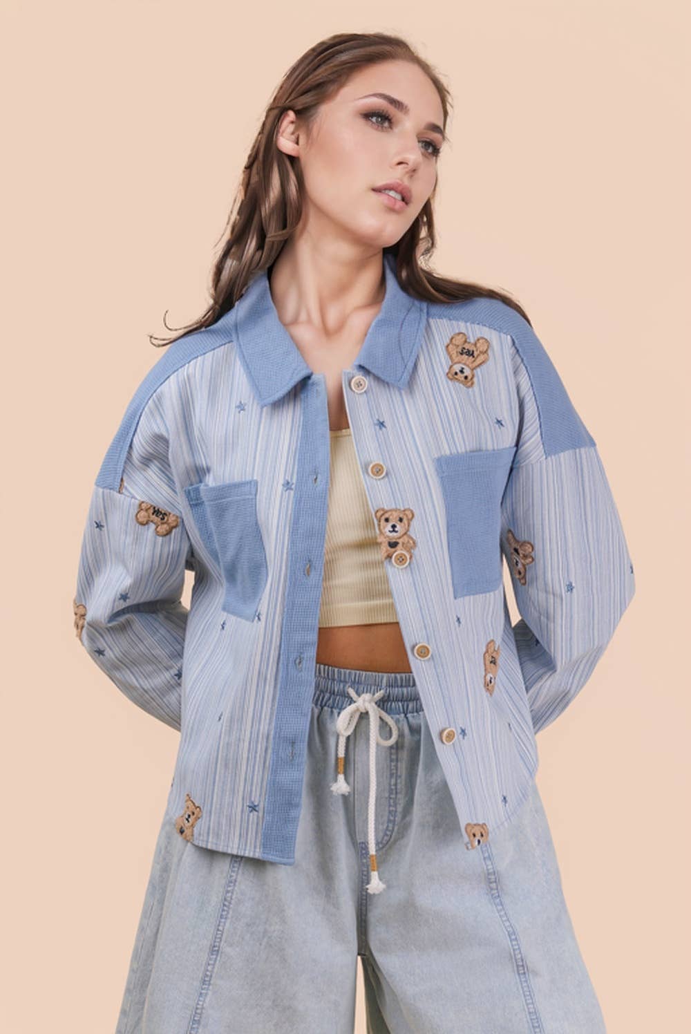 Oversized Teddy Bear Patch Shacket Jacket