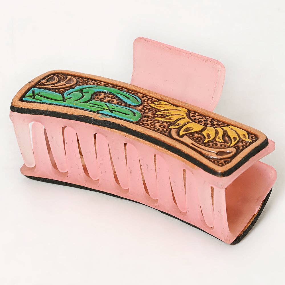 Sunflower & Cactus Tooled Leather Hair Band Pink Clip Clutcher - Western Pink Clip | American Darling