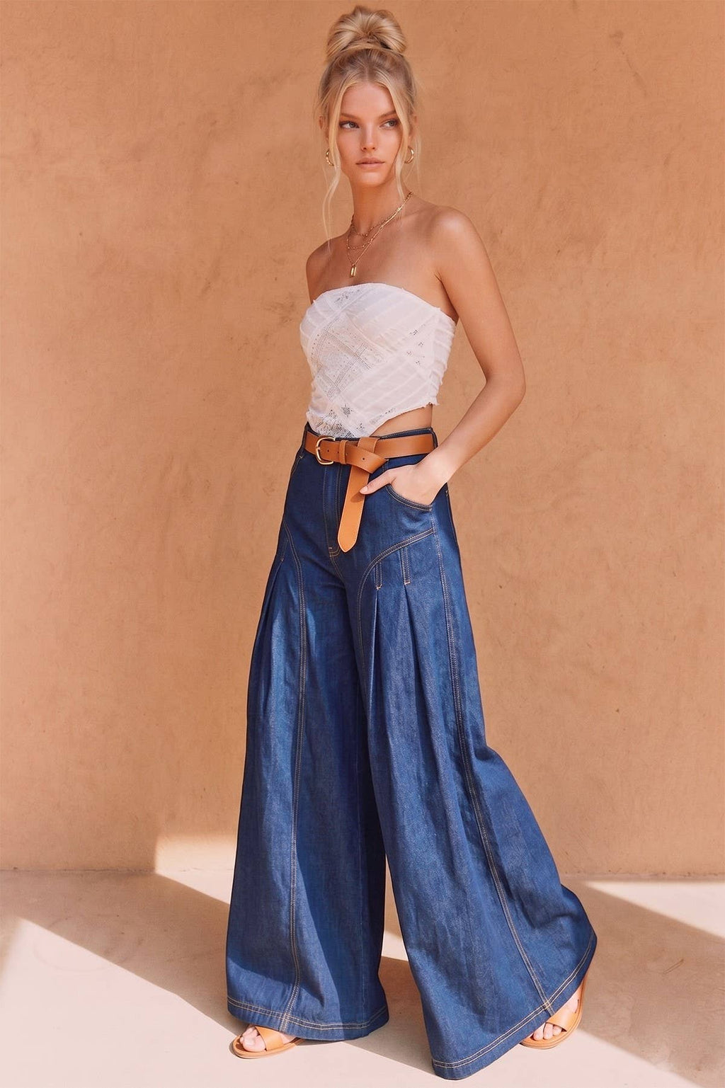 BOHO PLEATED WIDE-LEG DENIM PALAZZO PANTS
