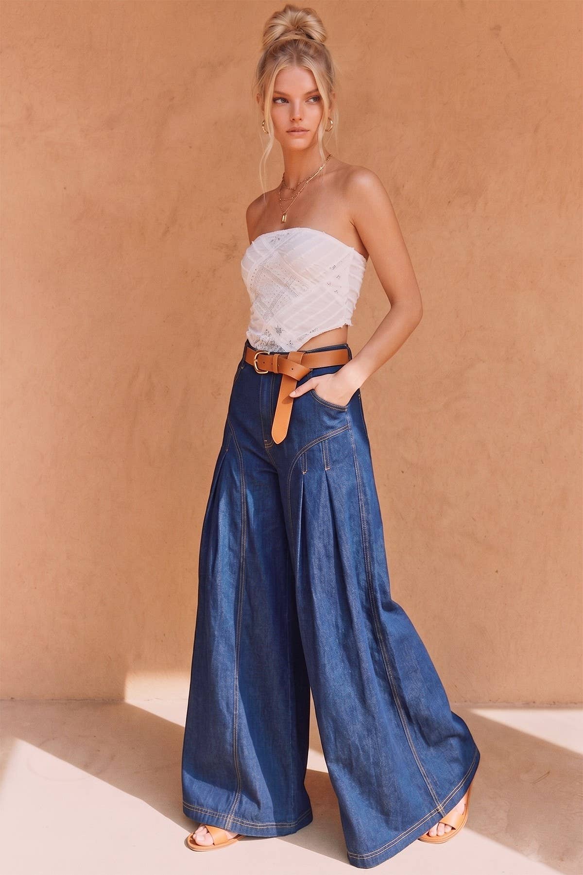 BOHO PLEATED WIDE-LEG DENIM PALAZZO PANTS
