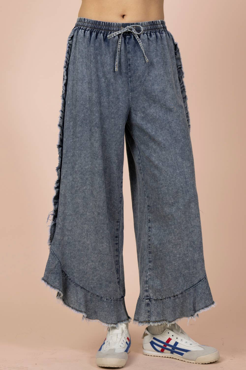 Ruffle Frayed Hem Washed Chambray Pants