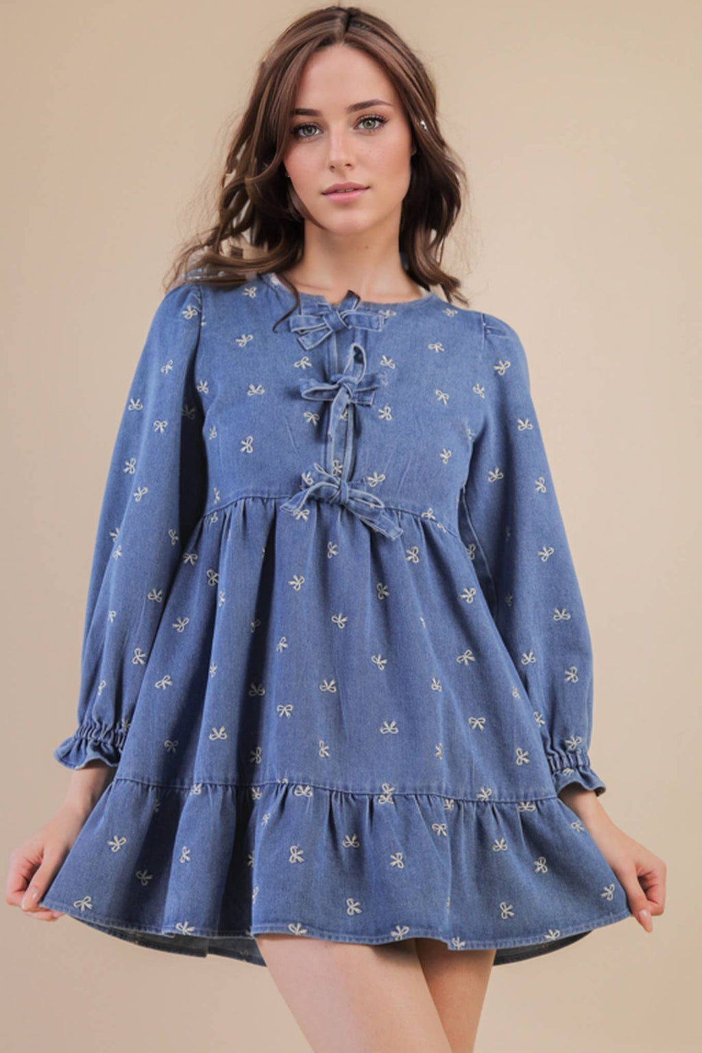Soft Washed Denim Cherry Casual Mini Dress
