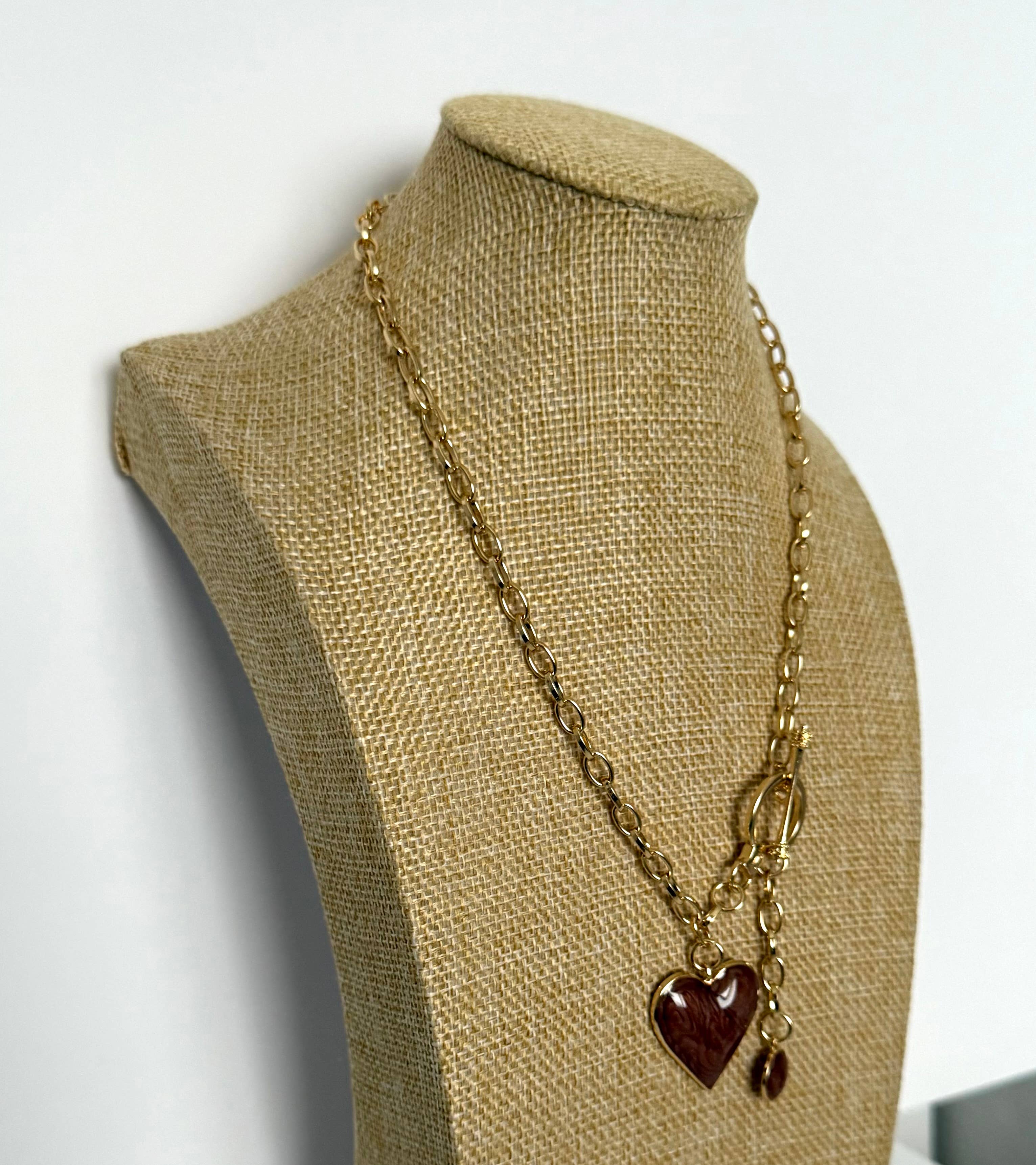 Gold Chain Necklace with Heart and Water Drop Pendant Brown