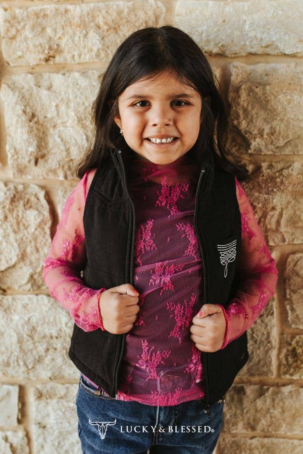 Girls Black Puffer W Boot Stitch Detail Vest