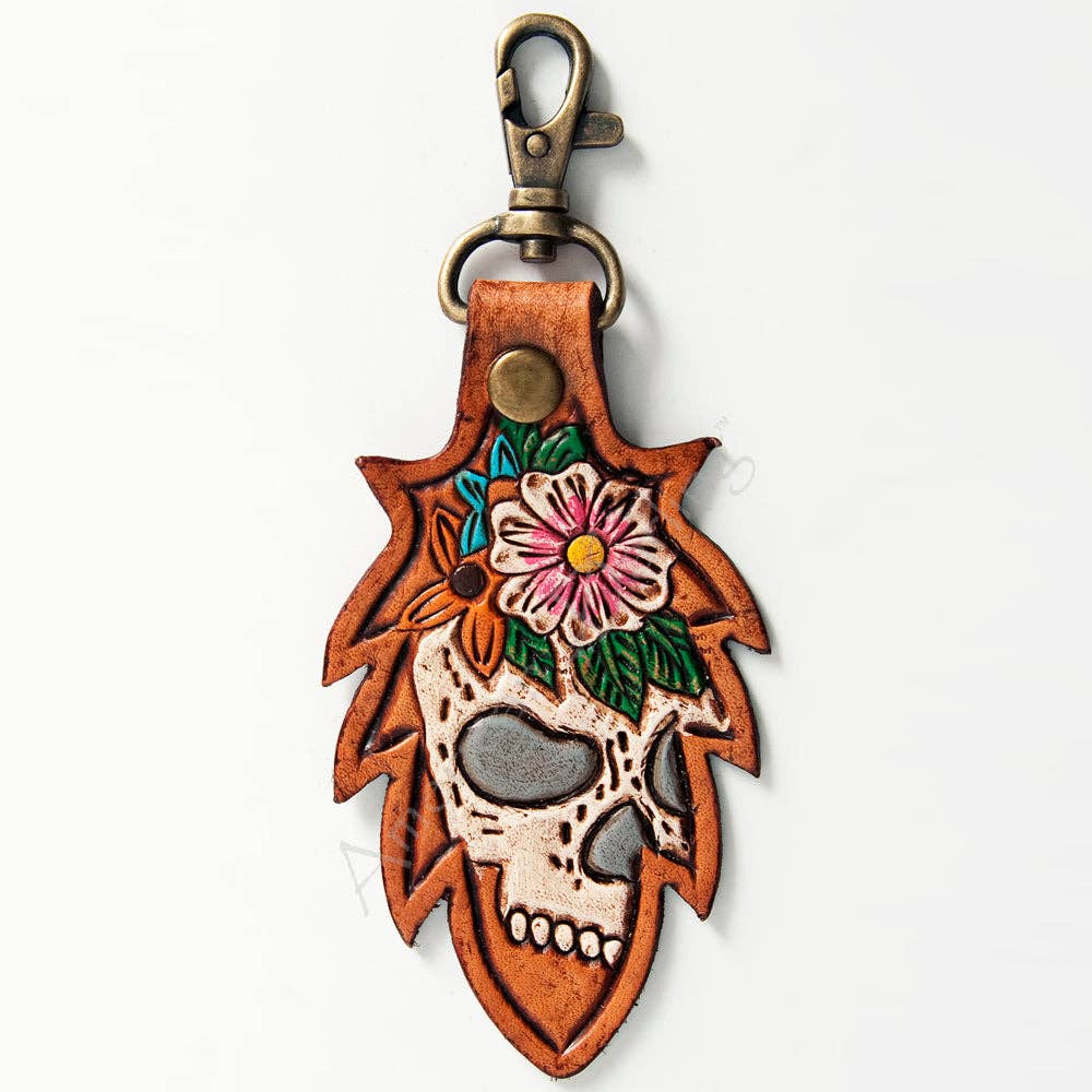LC-ADKR164 Tooled Leather Skull Keyring   Floral Design with Swivel Clip