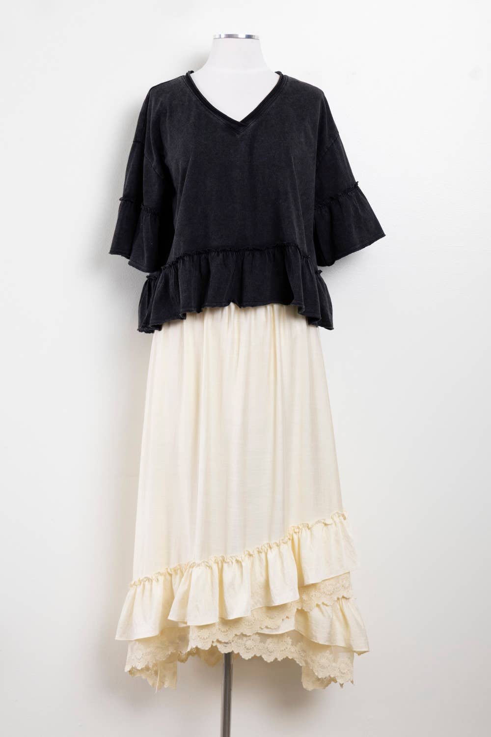 Ruffle Hem Lace Trim Midi Dress
