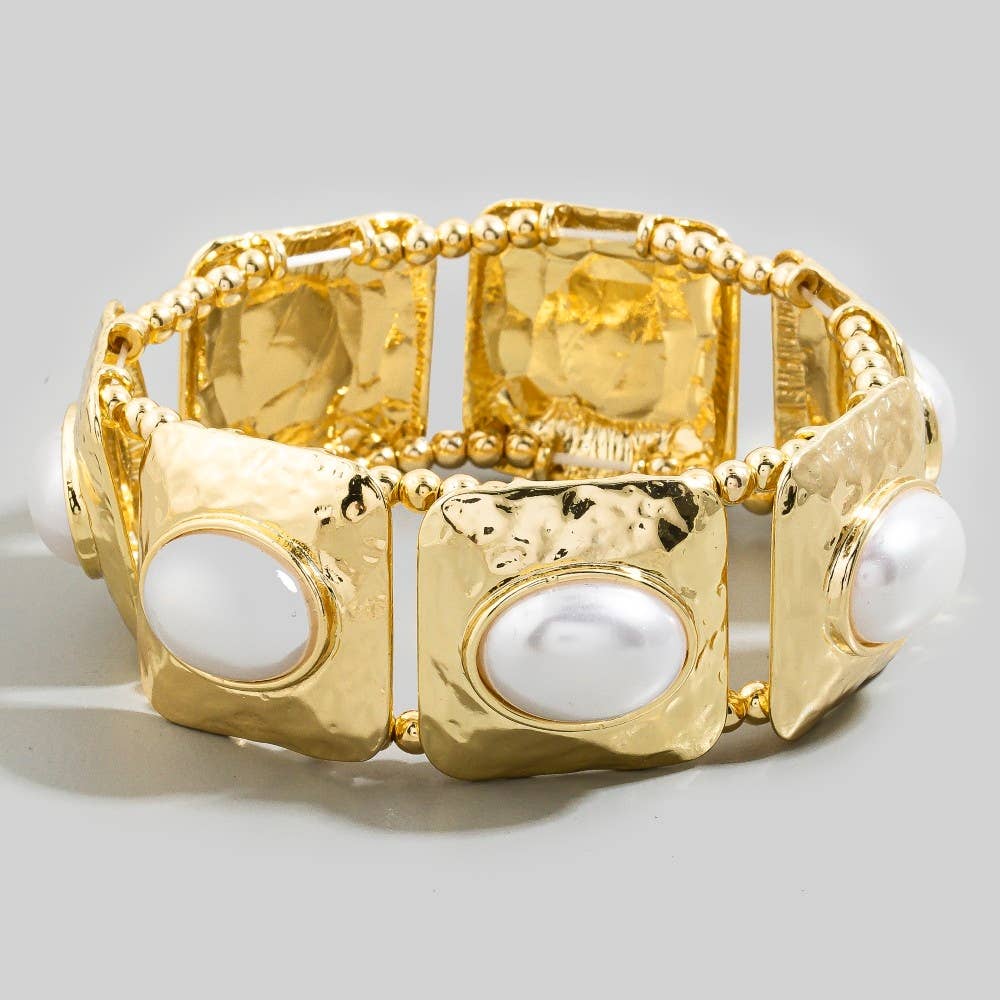 Hammered Square & Pearl Stretch Bracelet