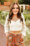Ivory Lace Long Sleeve Gathered Wrist Crop Top