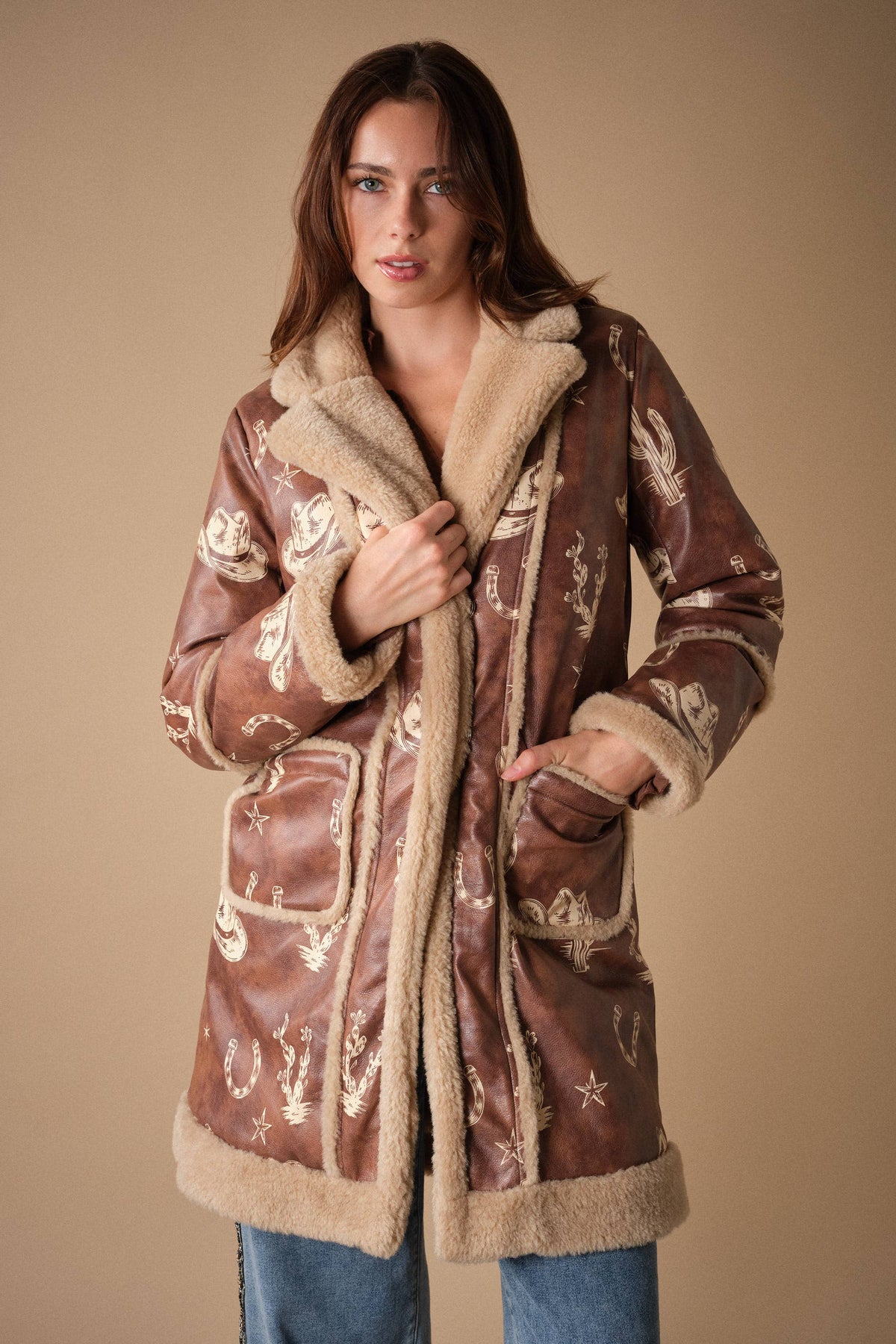 Western Printed Faux Leather Coat