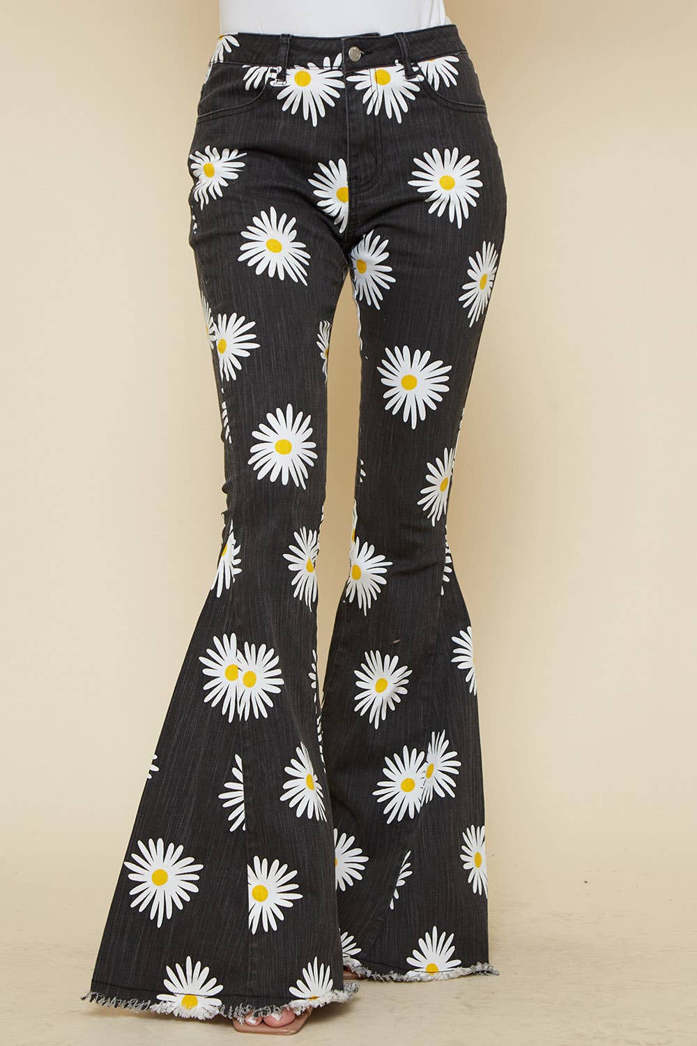 BLACK WASH WESTERN DAISY PRINT DENIM FLARES